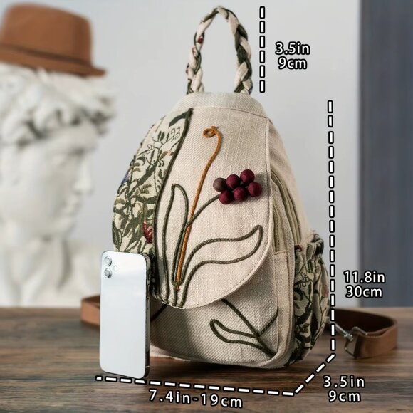 Embroidered Bohemian Backpack | Purple Grapes & Floral | Dual Carry Bag - Picture 11 of 11